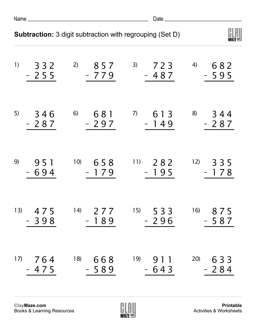Subtraction Worksheet â 3 Digit Subtraction With Regrouping (set D